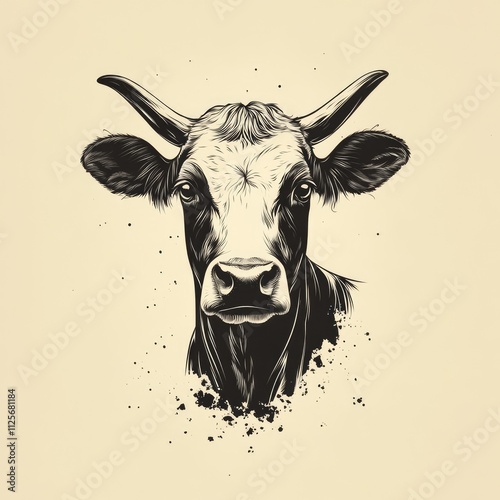 A detailed illustration of a cow's head with artistic splashes. photo