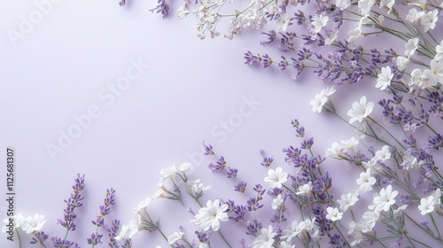 A serene arrangement of lavender and white flowers on a soft purple background.