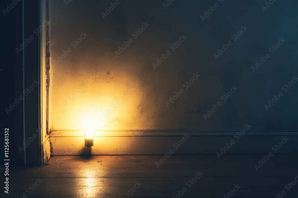 A single small light source casts a warm glow in a dark, vacant room, conveying feelings of solitude and emptiness amid blank walls. Generative AI A single small light source casts a warm glow in a dark, vacant room, conveying feelings of solitude and emptiness amid blank walls. Generative AI