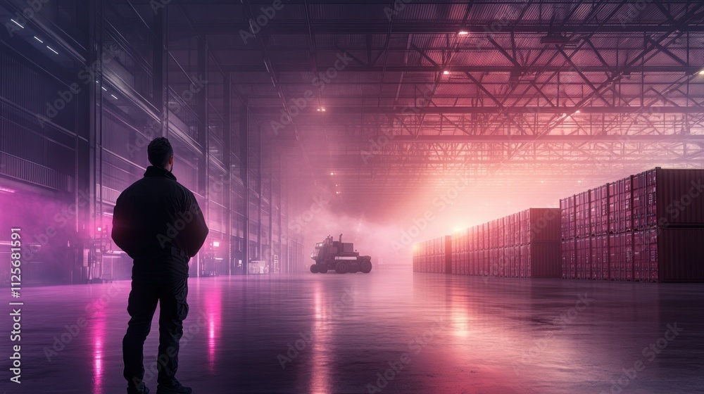Industrial action scene with soldier warehouse environment dramatic lighting futuristic concept for technology and safety Industrial action scene with soldier warehouse environment dramatic lighting futuristic concept for technology and safety