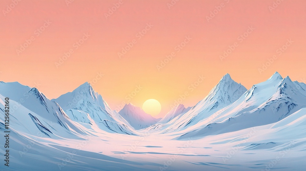 Snow Covered Mountains with Bright Sunset Over Scenic Landscape Snow Covered Mountains with Bright Sunset Over Scenic Landscape