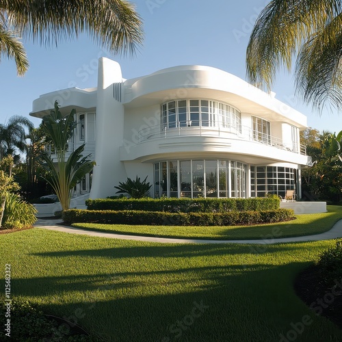 Streamline Modern House:  A stunning example of Art Deco architecture, this luxurious white house boasts sleek lines, expansive windows, and lush landscaping.  A picture of sophisticated elegance. 