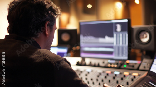 Close-up of a man editing sound in a recording studio.