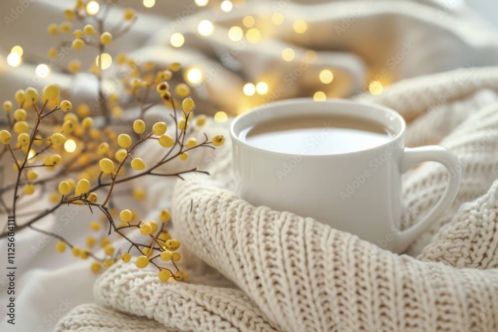 A cup of coffee is sitting on a blanket with a bunch of yellow flowers A cup of coffee is sitting on a blanket with a bunch of yellow flowers