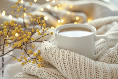 A cup of coffee is sitting on a blanket with a bunch of yellow flowers