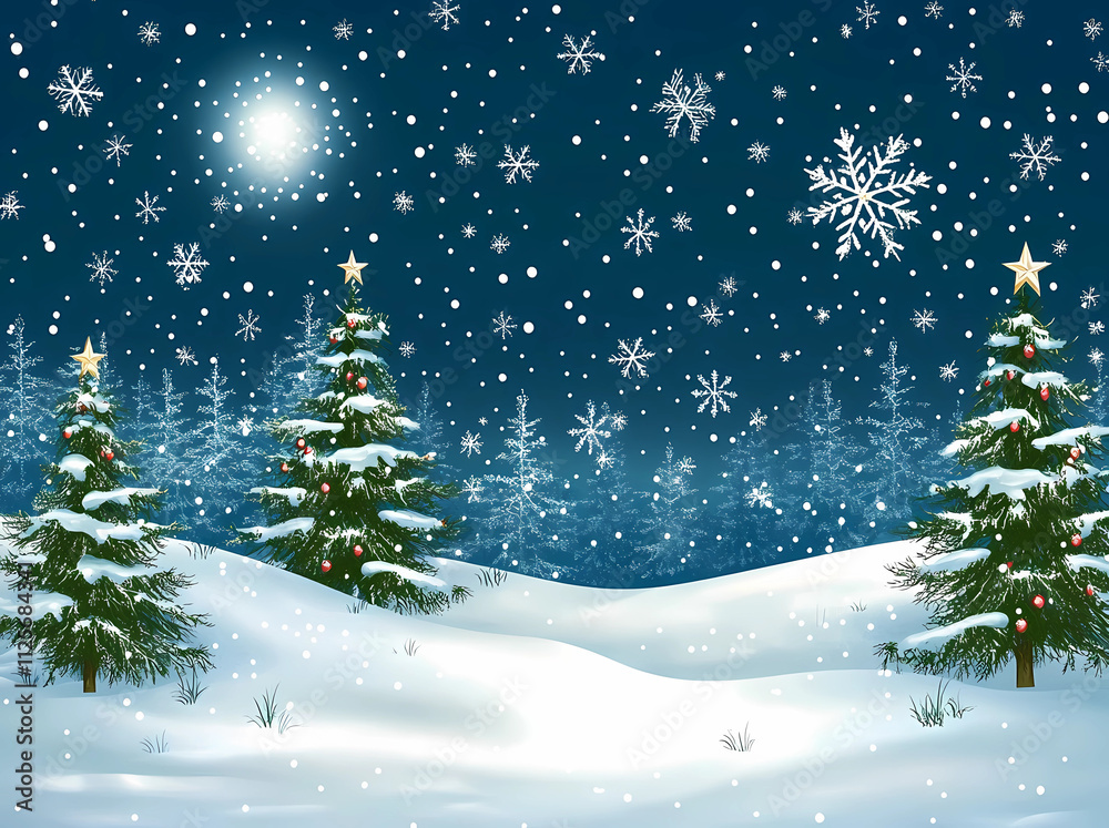 A snowy forest scene on Christmas night, with Christmas trees and a cartoon-like style A snowy forest scene on Christmas night, with Christmas trees and a cartoon-like style