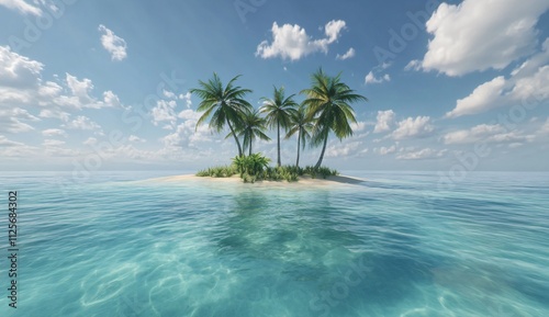 Serene Tropical Island Paradise, Four Palm Trees on a Secluded Beach