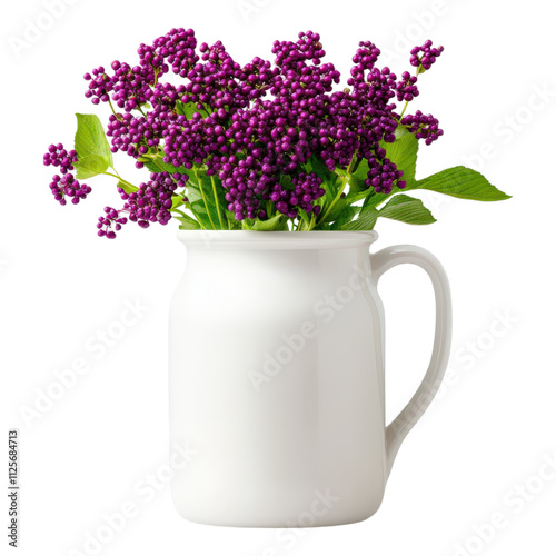 Fresh Purple Flowers in White Ceramic Jug on Bright Background