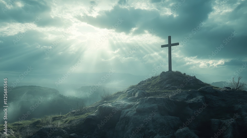 holy cross symbolizing the death and resurrection of Jesus Christ with The sky over Golgotha Hill is shrouded in light and clouds holy cross symbolizing the death and resurrection of Jesus Christ with The sky over Golgotha Hill is shrouded in light and clouds