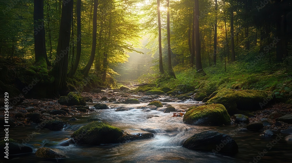 A serene forest scene with a flowing stream and sunlight filtering through the trees. A serene forest scene with a flowing stream and sunlight filtering through the trees.