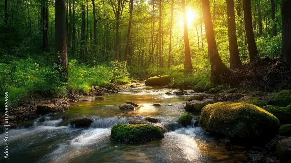 A serene forest scene with a flowing stream and sunlight filtering through the trees. A serene forest scene with a flowing stream and sunlight filtering through the trees.