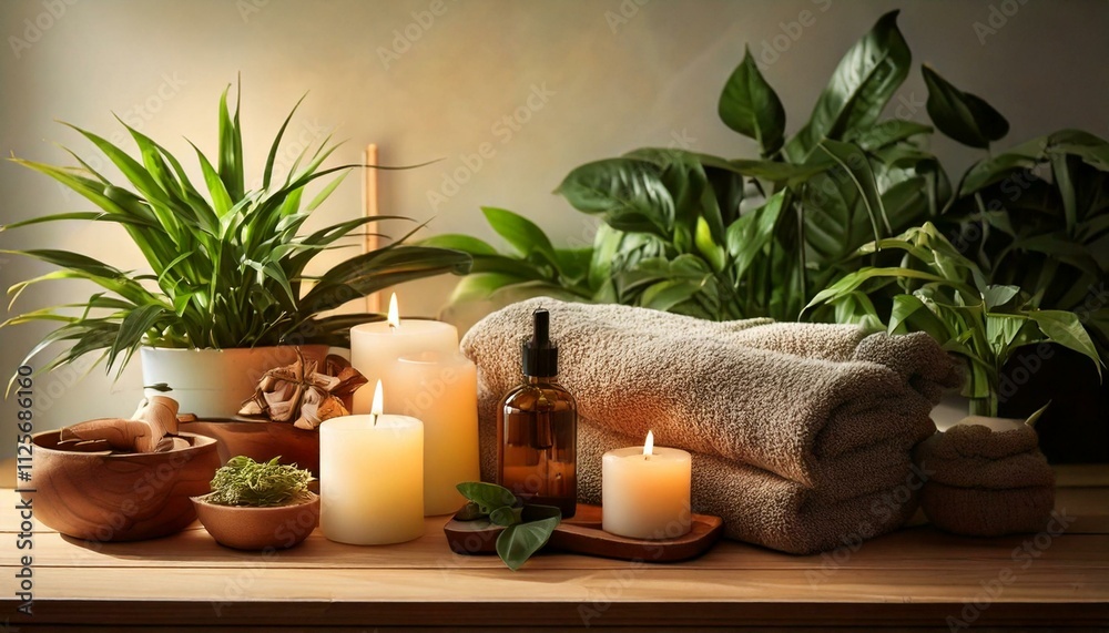 home spa setup with a soft towel, lit candles home spa setup with a soft towel, lit candles