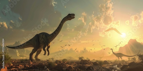 Sunrise Over a Prehistoric Landscape with Dinosaurs photo