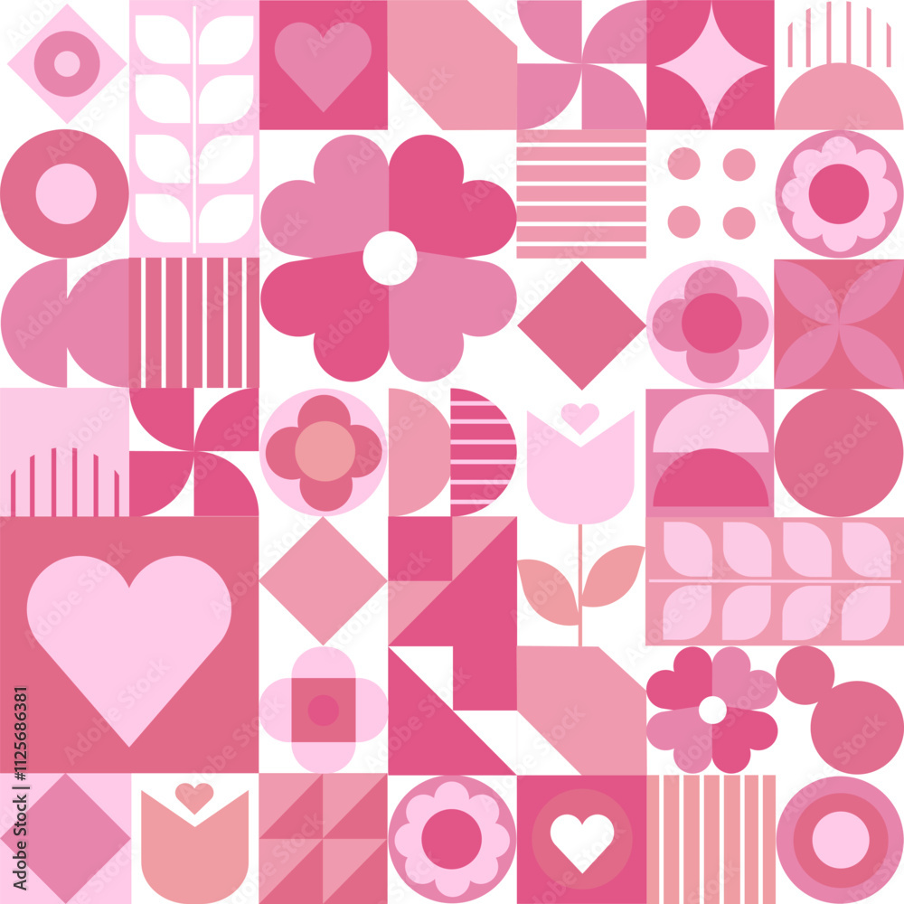 Fototapeta premium Geometric pink seamless pattern. Design with flower and heart elements. 