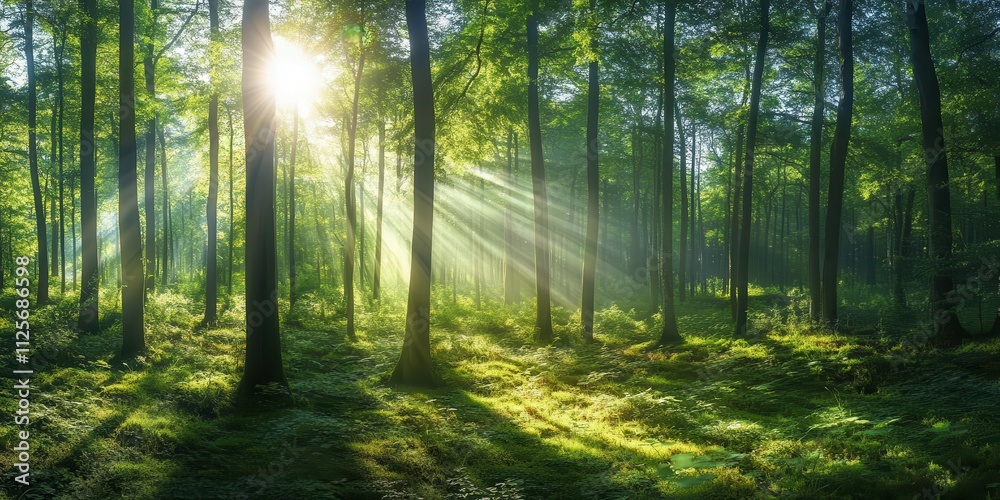Fototapeta premium A serene forest scene with sunlight filtering through trees, creating a tranquil atmosphere.