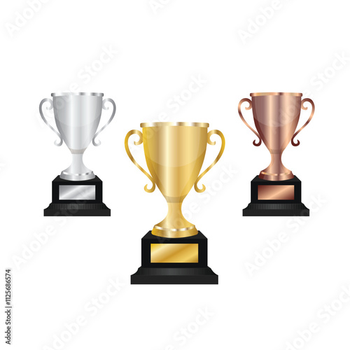 Gold trophy, silver trophy, platinum trophy, with the nameplate of the winner