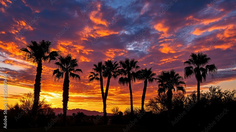 Obraz premium Silhouetted Palm Trees Against a Vibrant Sunset Sky