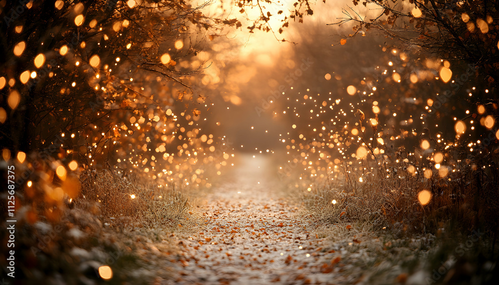 Magical autumn path glowing with warm light, bokeh effect, winter frost, falling leaves. Perfect for fantasy, fairytale, or winter wonderland themes. Magical autumn path glowing with warm light, bokeh effect, winter frost, falling leaves. Perfect for fantasy, fairytale, or winter wonderland themes.
