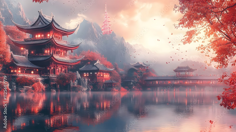 Serene autumn landscape with traditional Asian architecture by a tranquil lake. Serene autumn landscape with traditional Asian architecture by a tranquil lake.