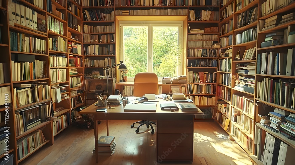 A serene study with wooden shelves filled with books and a cozy desk in sunlight. A serene study with wooden shelves filled with books and a cozy desk in sunlight.