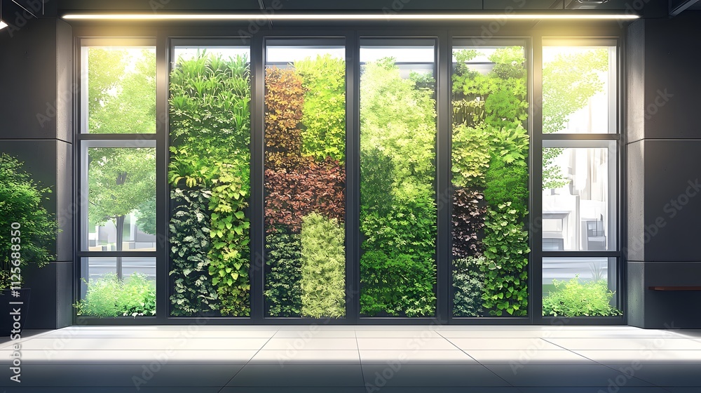 Lush green indoor vertical garden in a modern architectural space. Lush green indoor vertical garden in a modern architectural space.