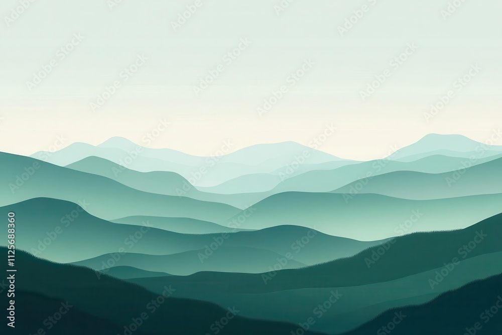 Naklejka premium A serene landscape featuring layered mountains in soft green tones.
