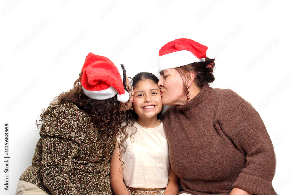 Three generations of women, grandmother, mom and daughter brunette latinas with santa hats celebrate Christmas and New Year together show their love and support Three generations of women, grandmother, mom and daughter brunette latinas with santa hats celebrate Christmas and New Year together show their love and support