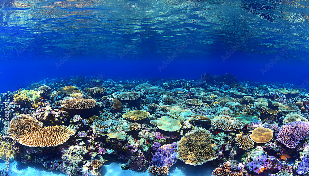 Fototapeta premium Vibrant underwater scene showcasing a thriving coral reef ecosystem with diverse coral formations and a clear blue ocean above.
