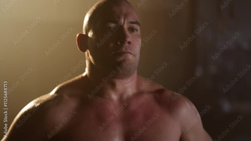 Close-up of exhausted tired sportsman breathing standing in gym. Motivation and confidence