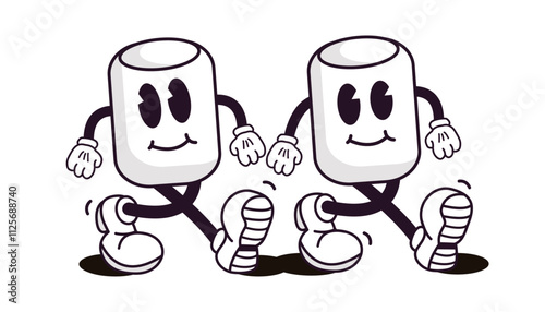 Couple of smile funny retro outline marshmallow characters in trendy groovy style