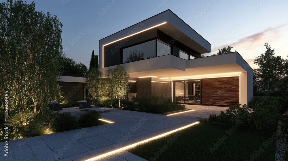 House with modern facade and led light strip House with modern facade and led light strip