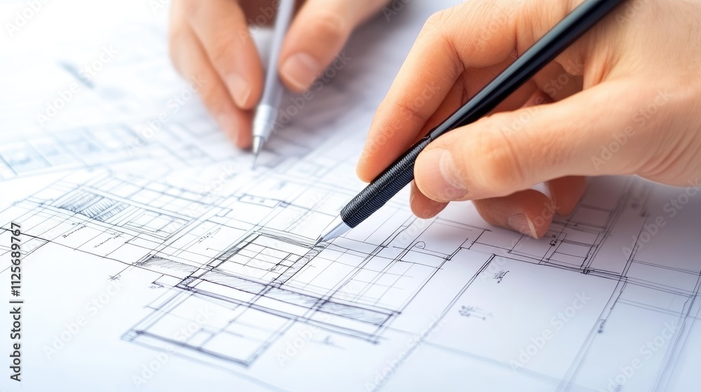 Close-up of hands drawing architectural blueprints. Close-up of hands drawing architectural blueprints.