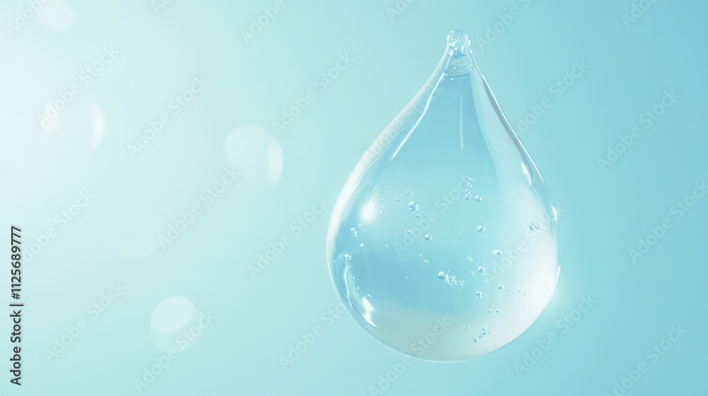 Hydrated and glowing H2O floating water drop on blue background - for cosmetics and skin care illustrating liquid molecular hydration Hydrated and glowing H2O floating water drop on blue background - for cosmetics and skin care illustrating liquid molecular hydration