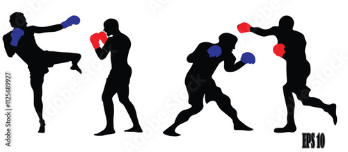silhouette collection of male boxer fighting styles in isolated positions on white background.