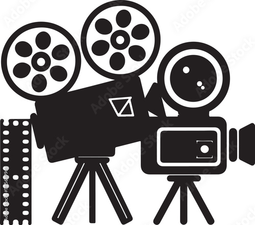 Video camera with tripod. Icon with reflection on white background
