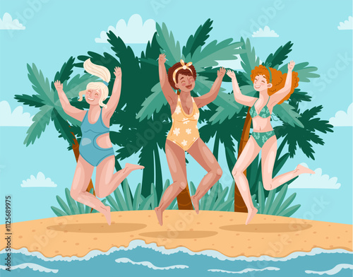 Girls in swimsuits have fun on the beach against the backdrop of palm trees and bushes. Drawn in cartoon style. Vector illustration for designs, prints, patterns. Summer landscape in the background
