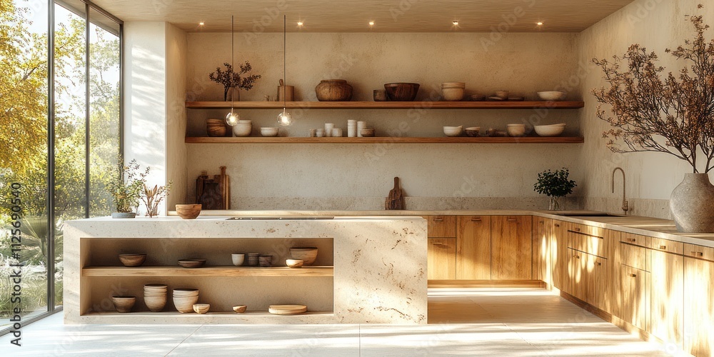 Sunlit minimalist kitchen with wooden cabinets, island, and open shelving. Sunlit minimalist kitchen with wooden cabinets, island, and open shelving.
