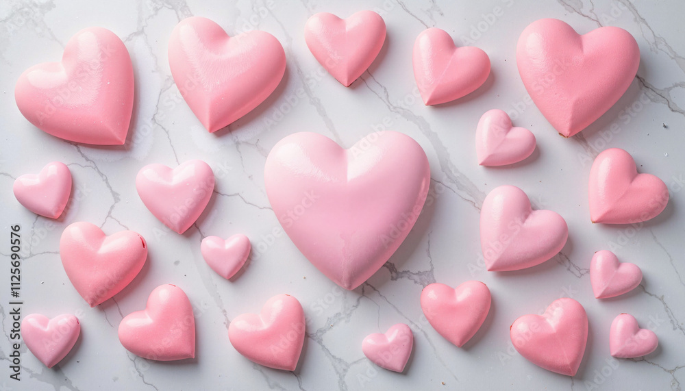 Pink heart decorations on marble background Pink heart decorations on marble background