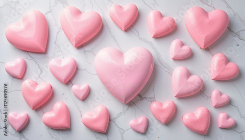 Pink heart decorations on marble background