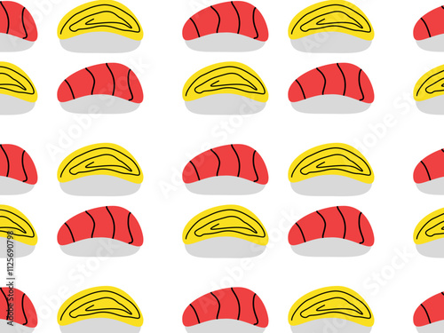 Tamago Sushi nigiri or salmon sushi illustration. Simple tamago sushi illustration. Sashimi sushi. Japanese food vector. For banner usage. 
