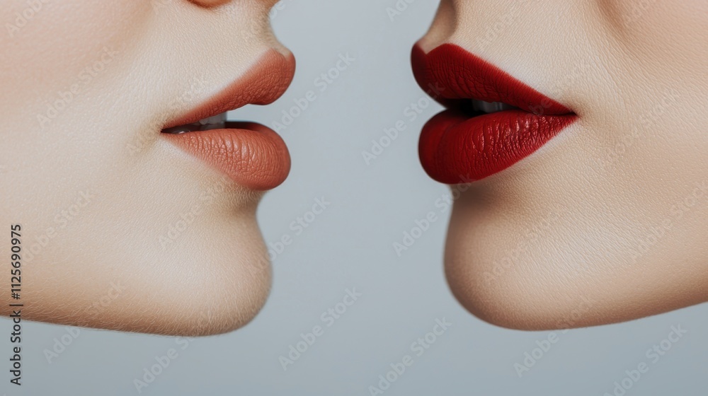 Obraz premium Narcissist and ego personality, Two sets of lips, one nude and one red, positioned close together, creating an intimate and artistic focus on beauty and makeup.