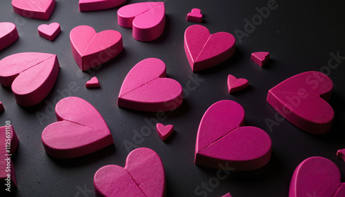  Pink heart decorations scattered on black background