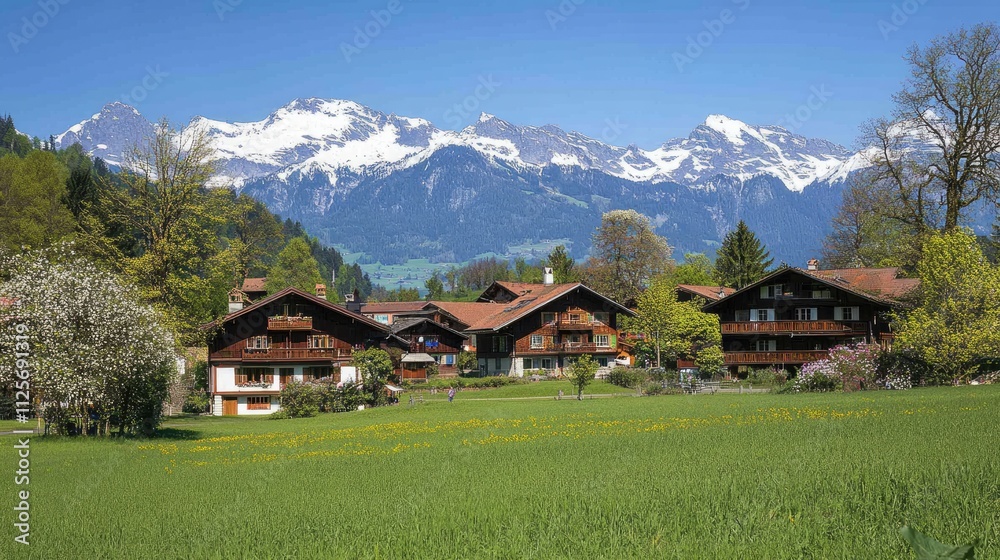 Idyllic Swiss village with wooden chalets, green fields, and snow-capped mountains under a clear blue sky.