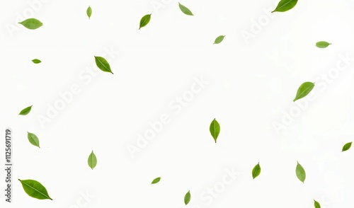 Wallpaper Mural Falling Leaves: A delicate scattering of green leaves gracefully descends against a pristine backdrop, evoking a sense of tranquility and renewal.   Torontodigital.ca