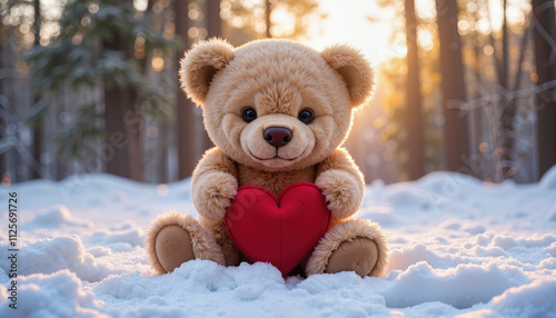 Fototapeta Naklejka Na Ścianę i Meble -  Teddy bear holding heart sitting in snowy forest at sunrise