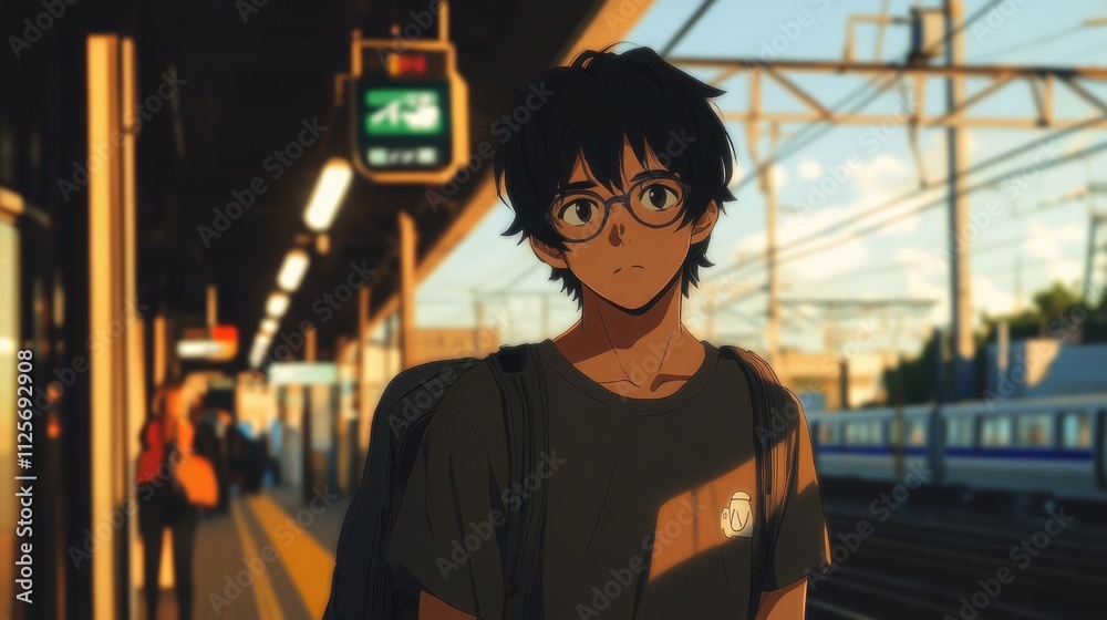 Naklejka premium illustration in anime style a young guy with black hair wearing glasses stands at the station in the evening