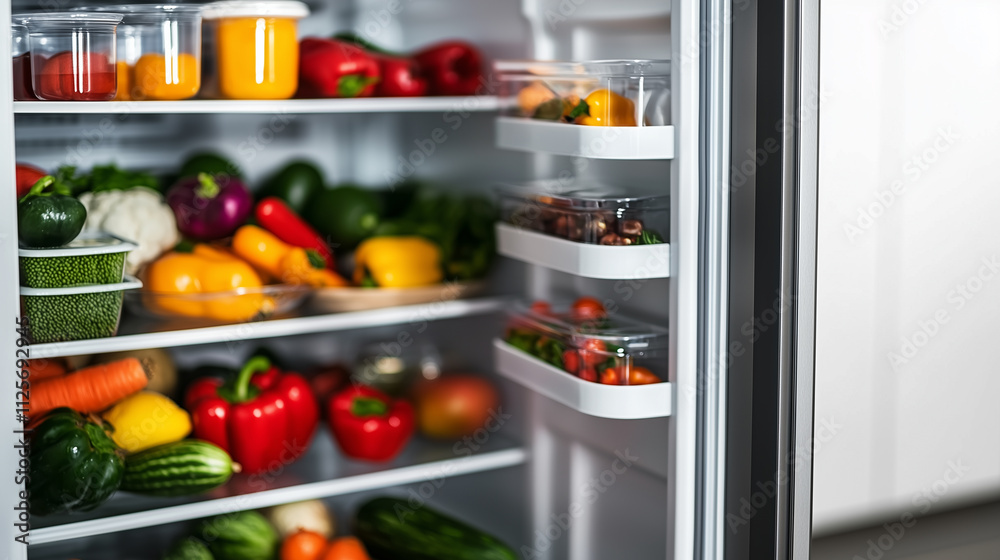 A well-organized refrigerator shelf filled with fresh food and containers A well-organized refrigerator shelf filled with fresh food and containers