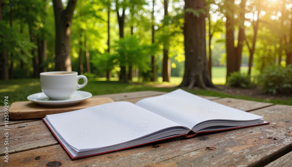 Open book with coffee cup in serene forest setting Open book with coffee cup in serene forest setting