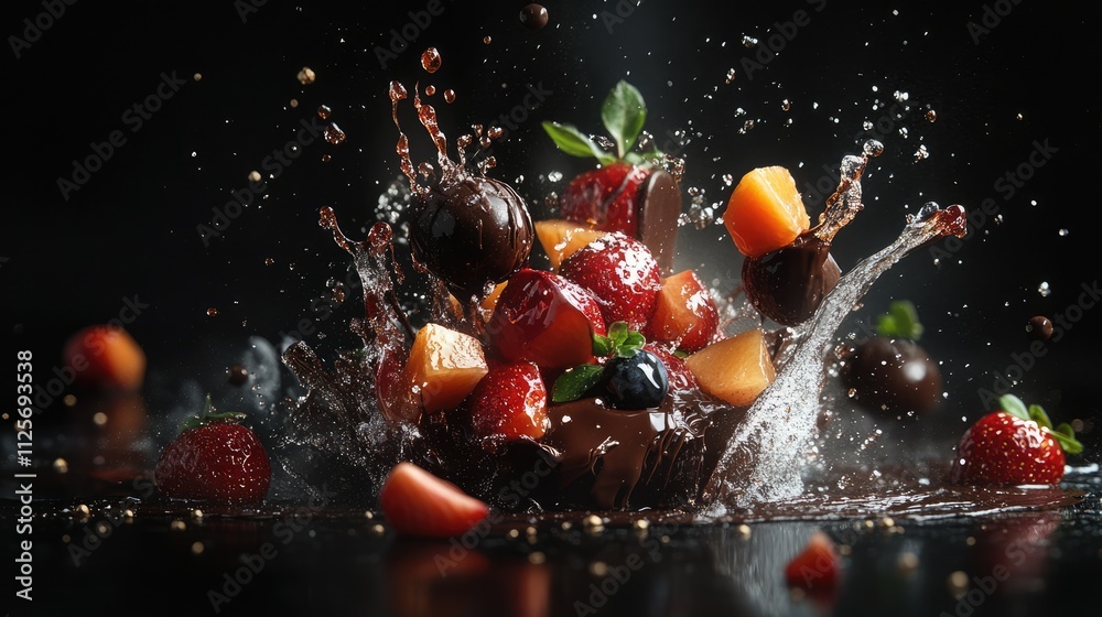 Illustration of a chocolate dessert combined with fruit. An explosion of flavor. Food photography style on dark background. Studio light. Dessert poster idea. Illustration of a chocolate dessert combined with fruit. An explosion of flavor. Food photography style on dark background. Studio light. Dessert poster idea.