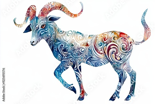 Ornate Watercolor Goat With Curving Horns photo